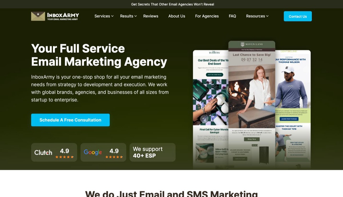 InboxArmy, an ecommerce email marketing agency offering ESP-agnostic email execution for DTC brands