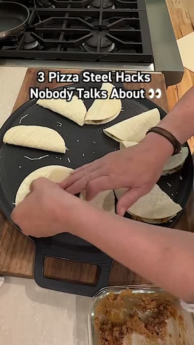 Quesadillas cooking on the HexClad pizza steel