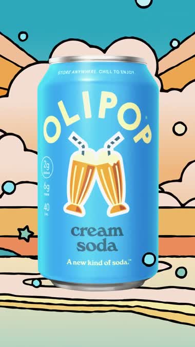 OLIPOP cream soda can in illustrated cloudscape