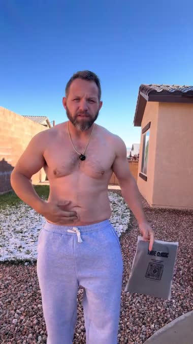 True Classic ad hook — regular guy shirtless stating his size